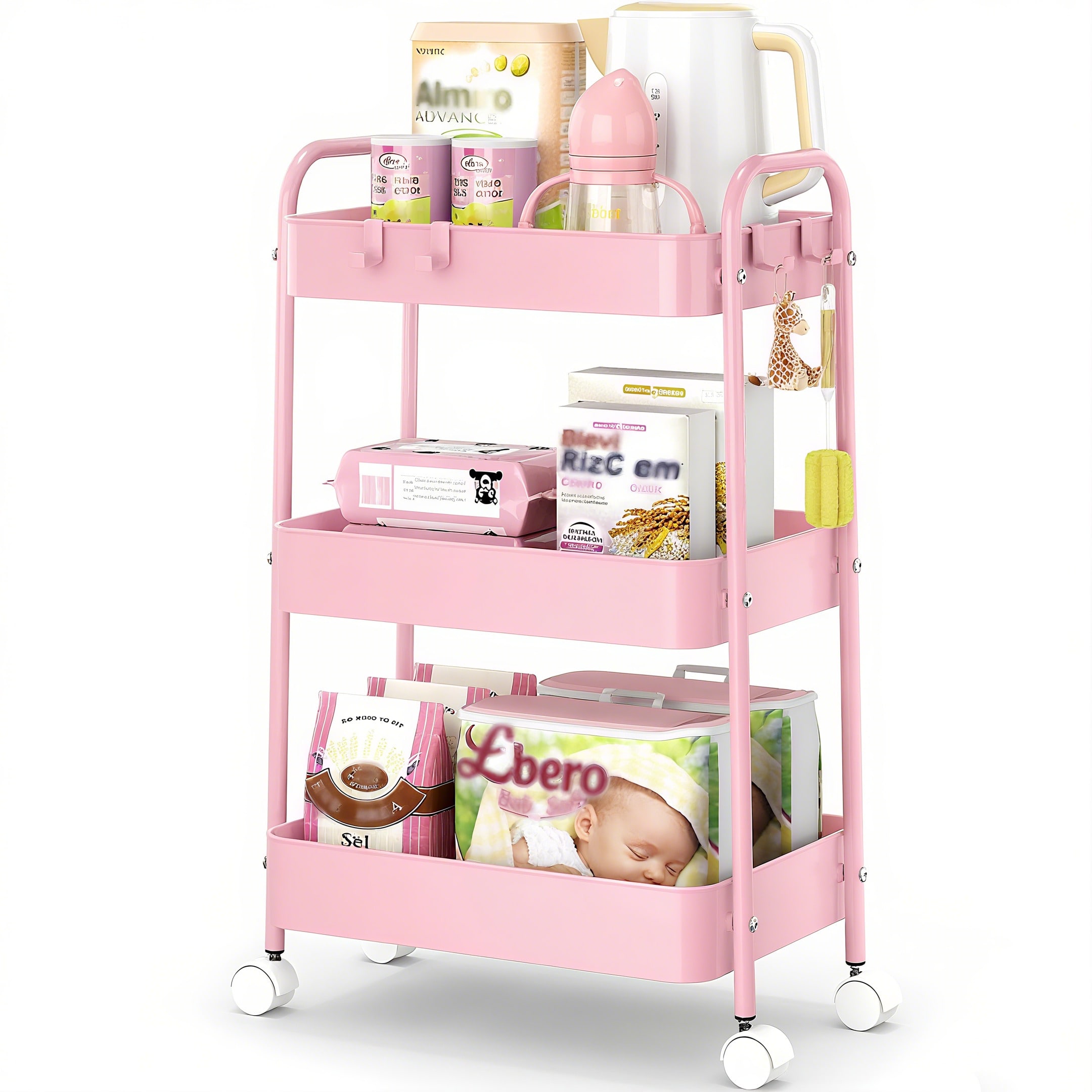 Baby Nursery Office - 3-stufiger Metall-Rollwagen mit Rädern, moderner pinker
