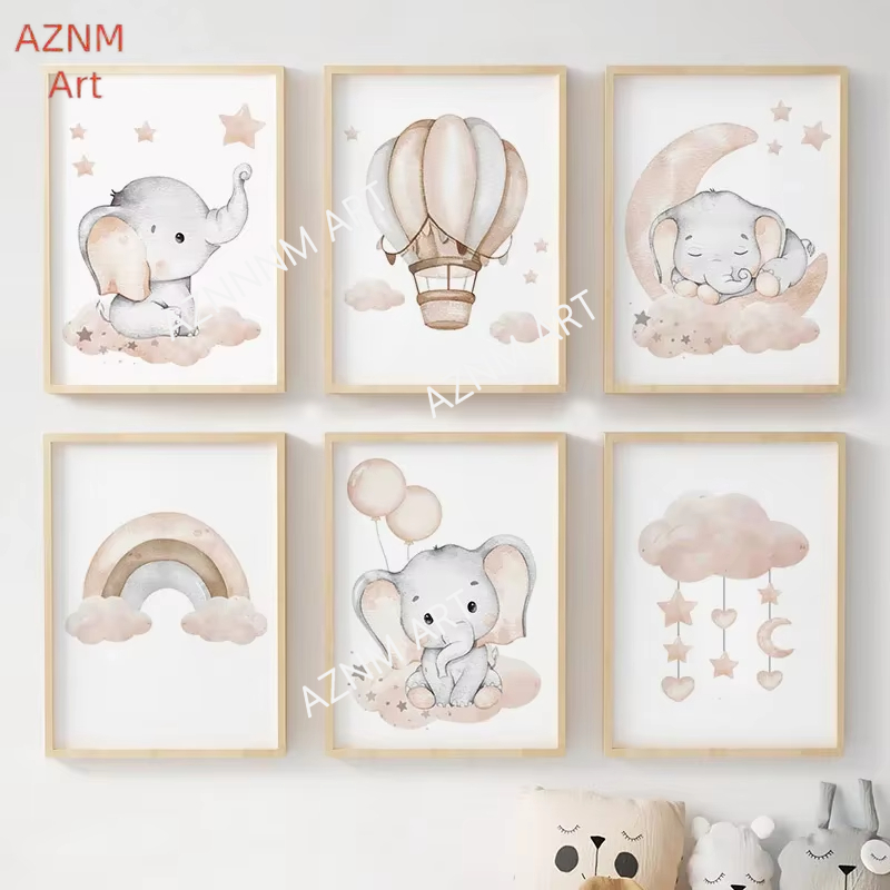 Baby Nursery Prints - Elefanten-Ballon, Regenbogen, Mond, Sterne, Wolke, Schaukel,