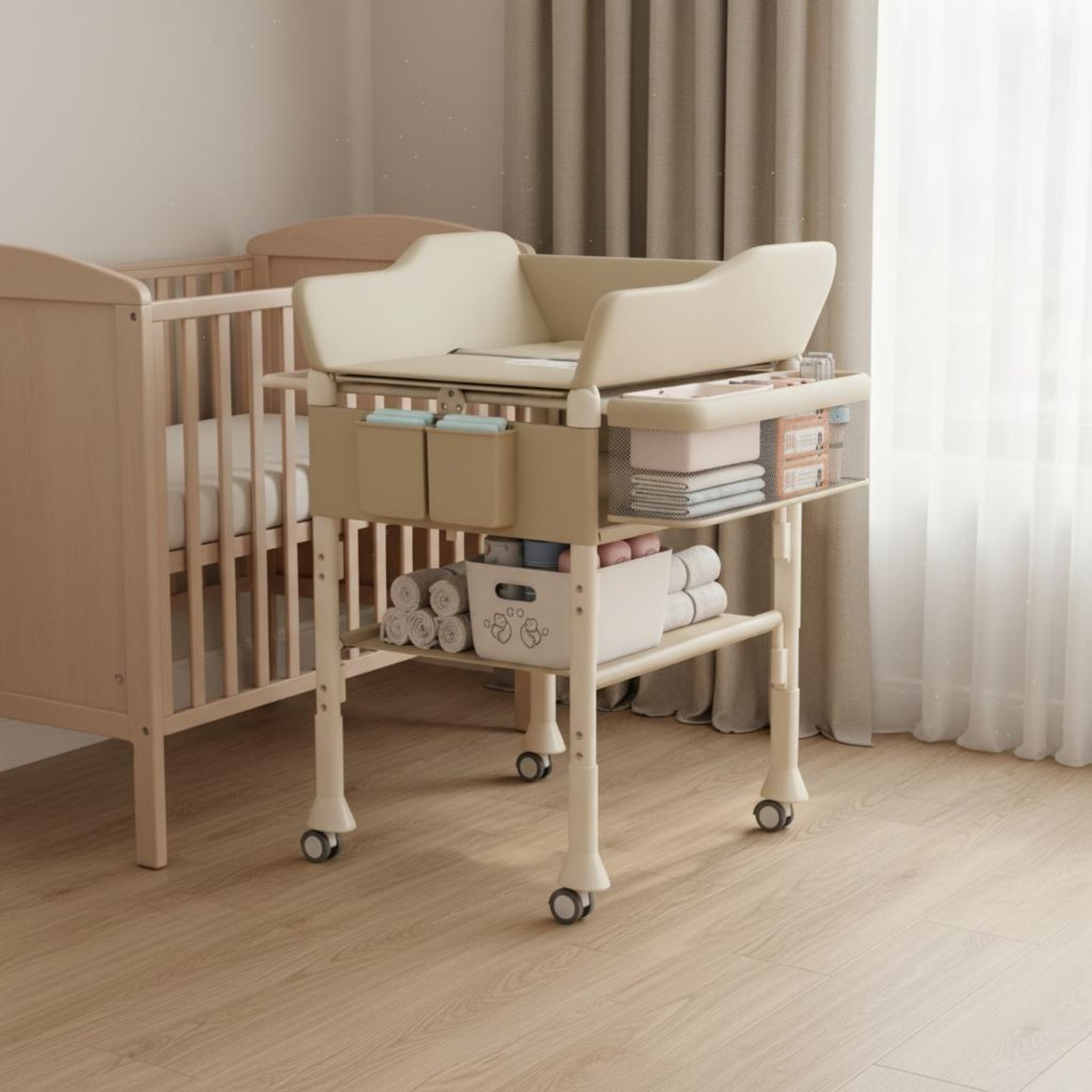 Baby Nursery Furniture - Baby-Wickeltisch-Kombination 2-in-1 Höhenverstellbarer Babypflegetisch Rollbare Wickelstation