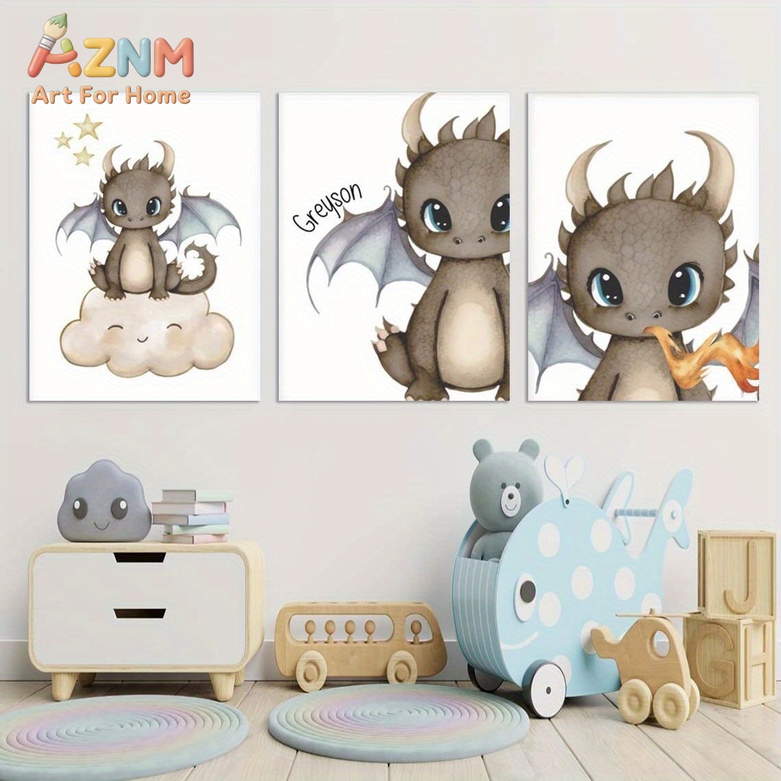 Baby Nursery Prints - AZNM Niedlicher Baby-Drache Leinwand-Wandbild Cartoon-Fantasiestier Wolke