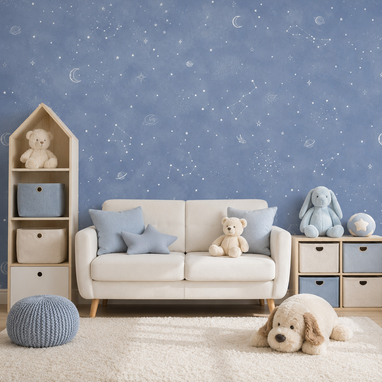 Baby Nursery Mural Wallpaper - Blaue Sternenhimmel Selbstklebende Tapete Kinderzimmer Wandbild