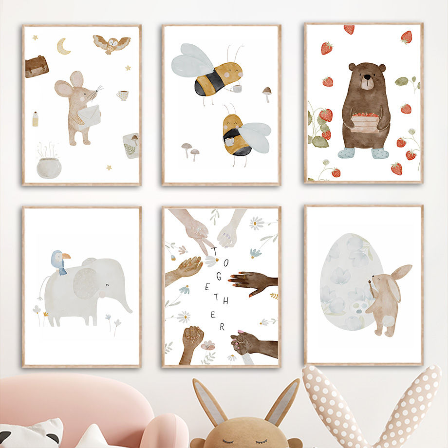 Baby Nursery Prints - Boho Tierfreunde Elefant Hase Bär Hirsch