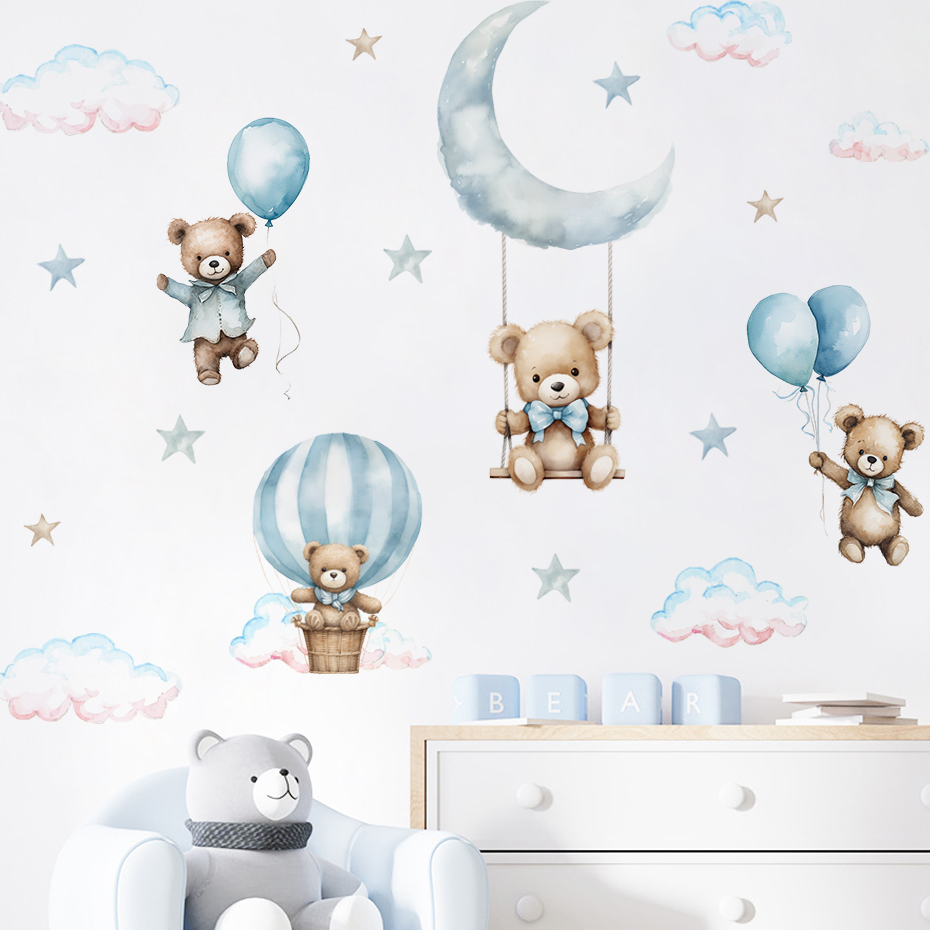 Baby Nursery Furniture - Aquarell Bär Heißluftballon Wolke Wandaufkleber Blaue