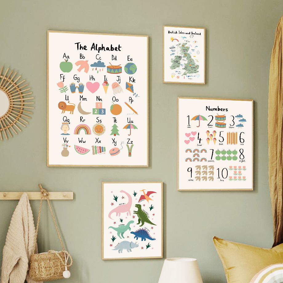 Baby Nursery Prints - Tierwelt-Karte, Dinosaurier-Alphabet, Zahlen, Leinwand-Wandkunst, Gemälde, Poster,