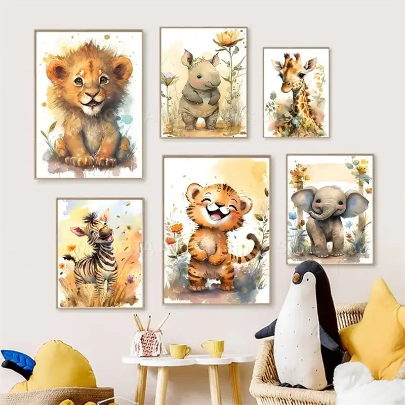 Baby Nursery Prints - Aquarell Löwe Giraffe Tiger Elefant Zebra