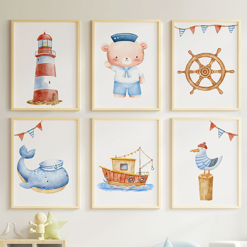 Baby Nursery Prints - Bär, Wal, Segelboot, Leuchtturm, nautische Kinderzimmer-Poster