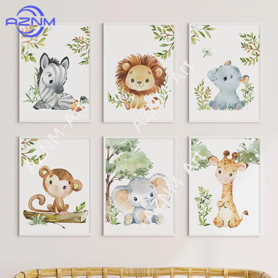 Baby Nursery Room - 1/6 Stück Aquarell-Tierkinderzimmerposter Löwe Zebra Affe