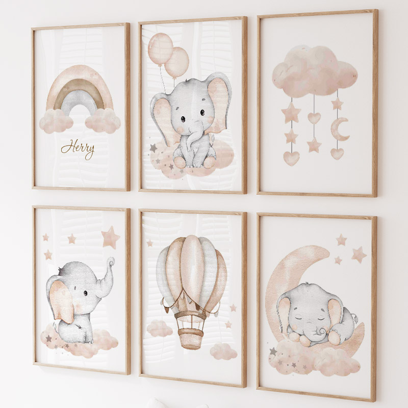 Baby Nursery Prints - Niedlicher Elefant, heißer Ballon, Mond, Regenbogen,