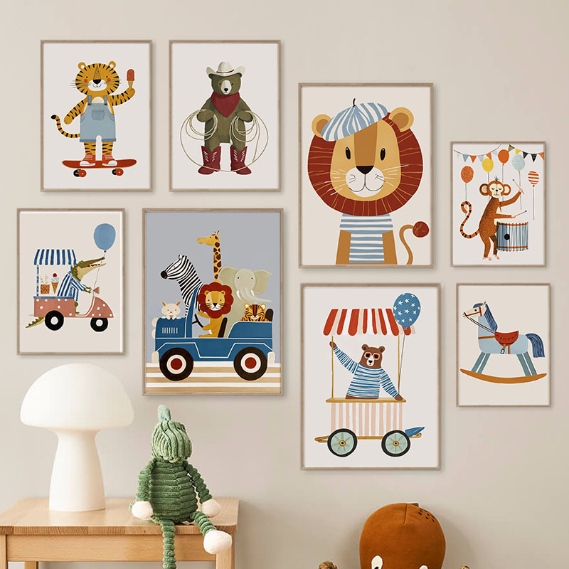 Baby Nursery Prints - Lustige Cartoon-Tier Auto Ballon Kinderzimmer Wandkunst
