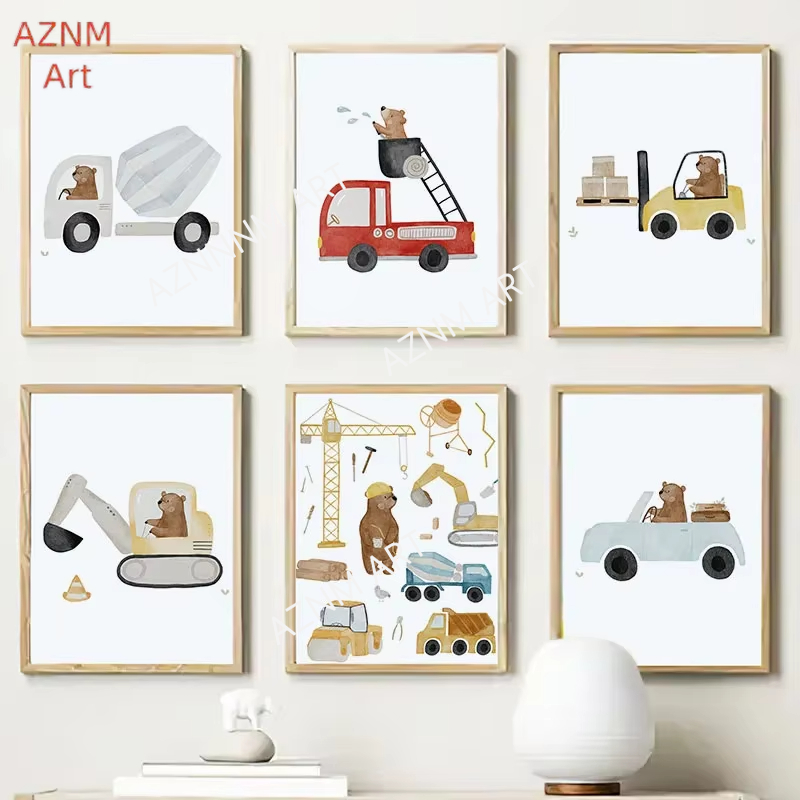 Baby Nursery Prints - Niedliche Boho-Bären, Krane, Bagger, Traktoren, LKW