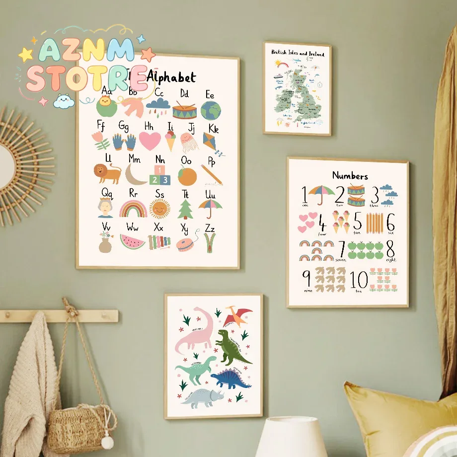 Baby Nursery Prints - Tierweltkarte Dinosaurier Alphabet Zahlen Leinwand Wandkunst