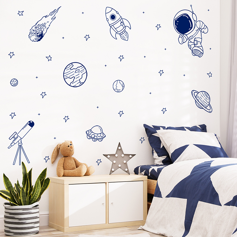 Baby Nursery Furniture - Wandaufkleber mit Cartoon-Universum, Astronaut, Planet, Rakete,