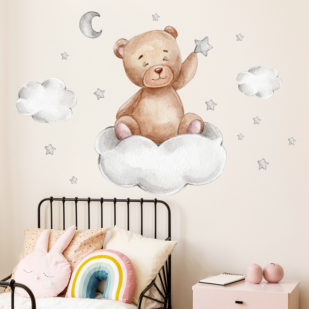 Baby Nursery Mural Wallpaper - Bär, Mond, Wolken, Sterne, Wandaufkleber für