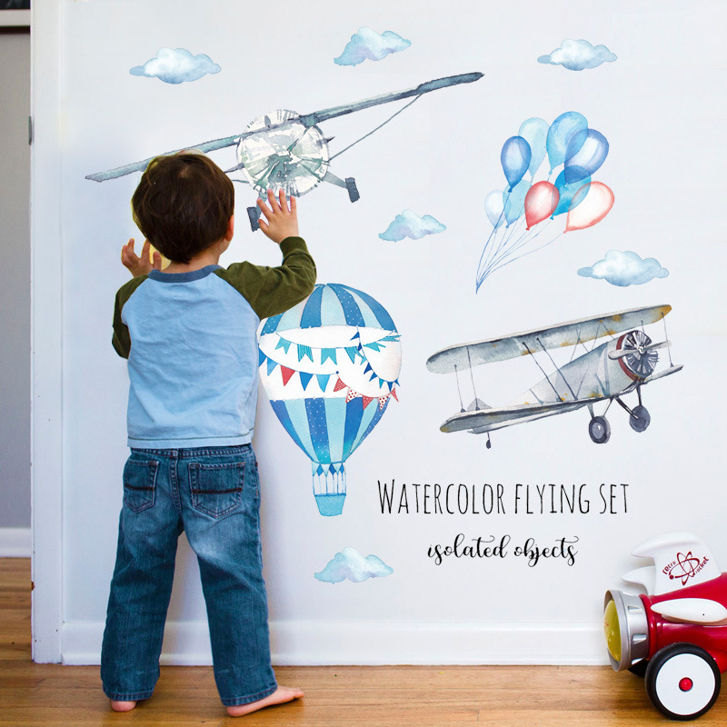 Baby Nursery Mural Wallpaper - Aquarell Flugzeug Heißluftballon Wandaufkleber Babyzimmer Heimdekoration