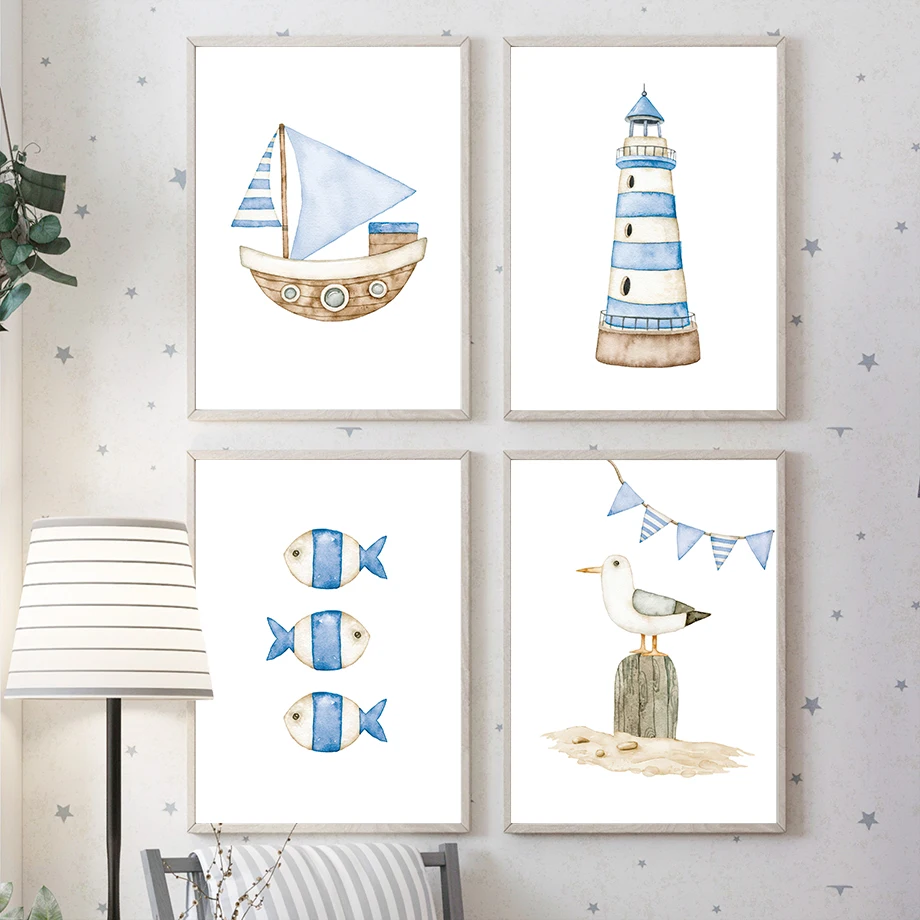 Segelboot, Leuchtturm, Fisch,  – Baby Nursery Prints Bewertung und Preis