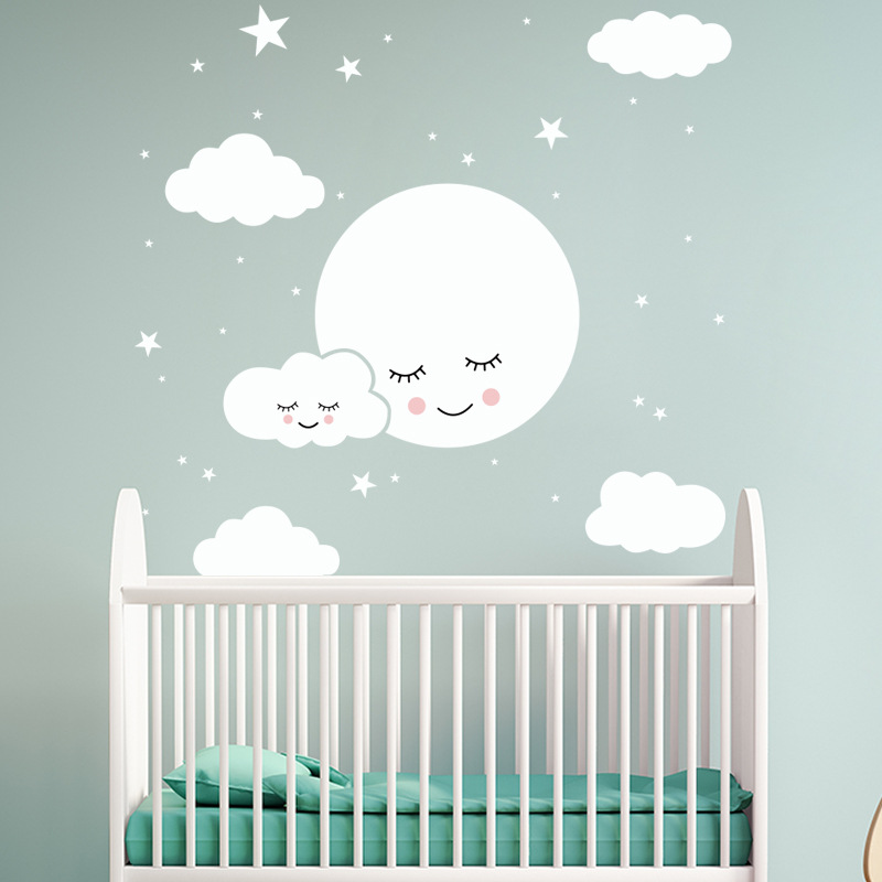 Weiße Cartoon lächelnde Wolke  – Baby Nursery Mural Wallpaper Bewertung und Preis